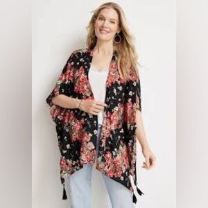 Maurices One Size Open Front black floral tassel hem kimono